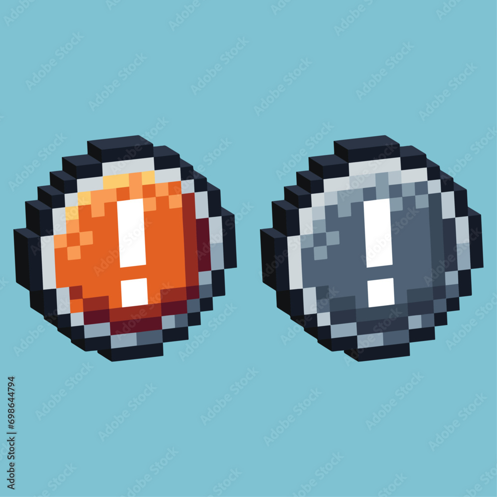 Poster isometric pixel art 3d of exclamation mark icon for items asset. exclamation mark icon on pixelated 