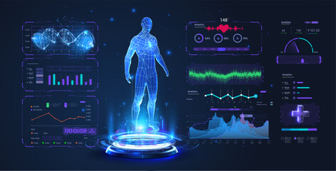 AI doctor. Stage and 3D human hologram with HUD interface. Medical health care of future. Futuristic Human Body Analysis Interface with Holographic Anatomy and Health Data Visualization. Vector - obrazy, fototapety, plakaty