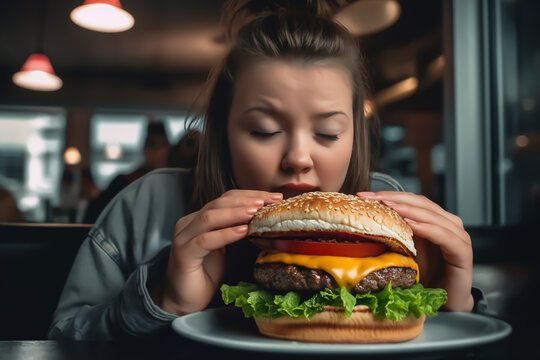 Fat girl eating hamburger in fast food restaurant. A girl with an obese body sits at table with bunch of hamburgers and fast food. Overweight girl eating burger. Obesity, weight problems and diabetes