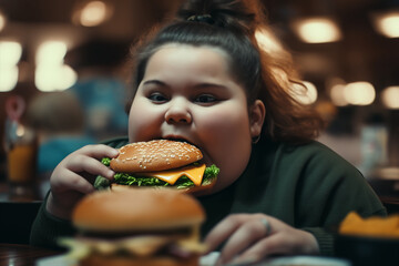 Fat girl eating hamburger in fast food restaurant. A girl with an obese body sits at table with bunch of hamburgers and fast food. Overweight girl eating burger. Obesity, weight problems and diabetes - obrazy, fototapety, plakaty