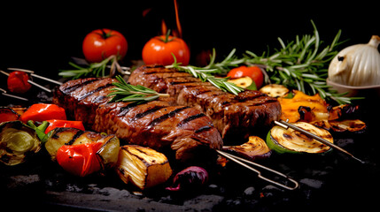 Grilled Meat With Vegetables - Close-up of a Plate of Steak on the Table.
