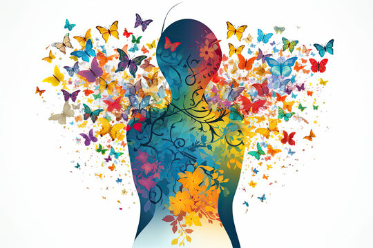 butterflies in a garden, representing mental health resilience, rebirth, transformation, freedom, metamorphosis, and positivity.  Symbolic of overcoming obstacles and adversity.