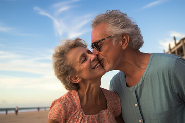 Pareja de mujer y hombre felices y enamorados  de mediana edad, dandose un beso en una playa paradisiaca,  - obrazy, fototapety, plakaty