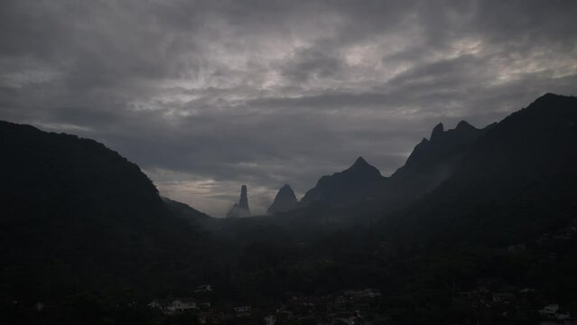 Hyperlapse approaching landscape with mountains in Teresopolis, Rio de Janeiro, Brazil with the iconic Dedo de Deus or Finger of God visible