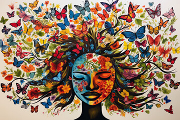 butterflies in a garden, representing mental health resilience, rebirth, transformation, freedom, metamorphosis, and positivity.  Symbolic of overcoming obstacles and adversity.