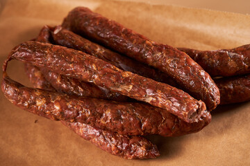 Pork sausages on cooking paper