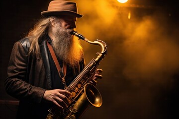 A handsome hipster man with beard plays saxophone on blurred bokeh background - obrazy, fototapety, plakaty