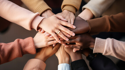 Diverse Multi-Ethnic Hands in Unity: Teamwork and Collaboration Concept - People from Different Cultures Joining Together for Harmony and Solidarity Worldwide. - obrazy, fototapety, plakaty