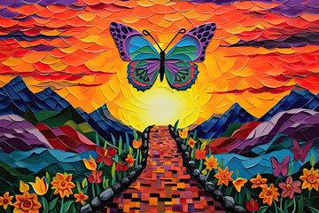 butterflies in a garden, representing mental health resilience, rebirth, transformation, freedom, metamorphosis, and positivity.  Symbolic of overcoming obstacles and adversity. - obrazy, fototapety, plakaty