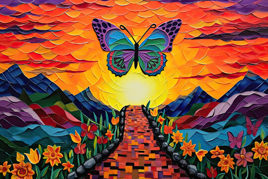 butterflies in a garden, representing mental health resilience, rebirth, transformation, freedom, metamorphosis, and positivity.  Symbolic of overcoming obstacles and adversity.