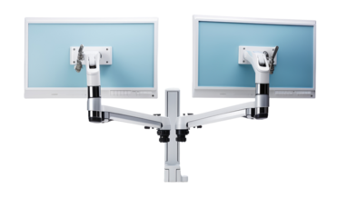 Unveiling the Power of a Dual Monitor Arm Mount in One Image On a White or Clear Surface PNG Transparent Background.