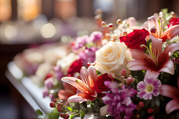 A lovely dark wood coffin adorned with roses, lilies, and carnations creates a lush display. Shot up close, the image captures intricate details, enhanced by soft, diffused light for a warm atmosphere - obrazy, fototapety, plakaty