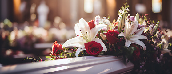 A lovely dark wood coffin adorned with roses, lilies, and carnations creates a lush display. Shot up close, the image captures intricate details, enhanced by soft, diffused light for a warm atmosphere