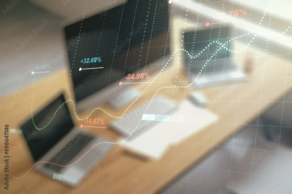 Poster abstract creative stats data concept and modern desktop with computer on background. multiexposure