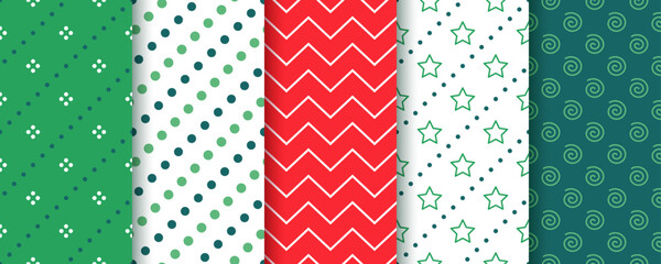 Merry Christmas seamless pattern. Xmas New year backgrounds. Prints with zigzag, polka dots, star and spiral. Set red green holiday textures. Festive wrapping paper. Vector illustration