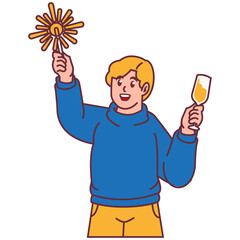 A Man celebrating party holding fireworks and glass of champagne