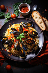 Seafood meal fresh lunch healthy dinner delicious food background dish plate spaghetti