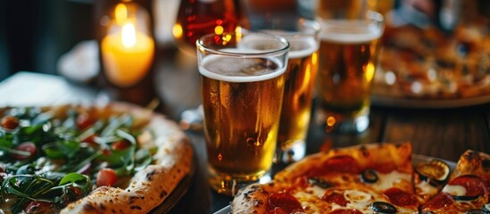 Close-up of beer and pizza glasses.