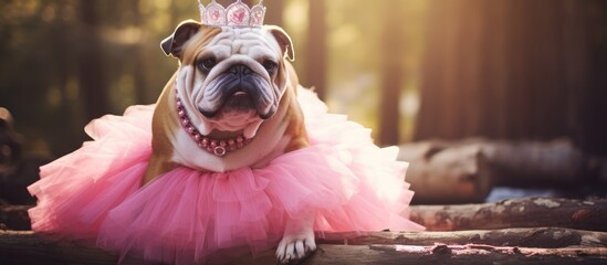 A bulldog in a pink tutu and tiara with a retro Instagram filter.