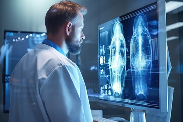 A unique blend of medical and artistic elements, depicting a doctor in radiology examining an X-ray, set against a mirage backdrop through double exposure photography.