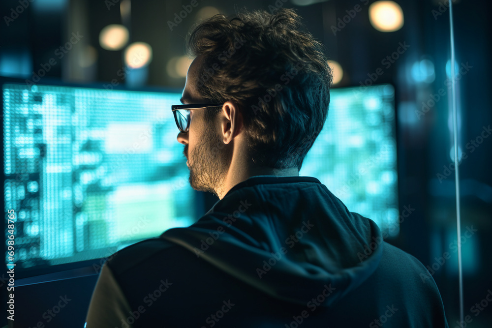 Aufkleber digital technologies it programmer worker in modern network space working generative ai