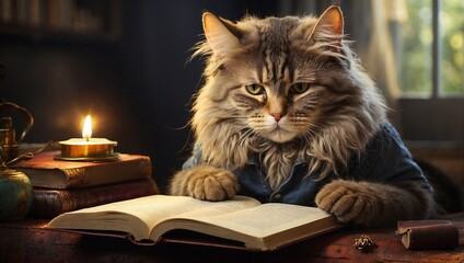 A cat reading a book