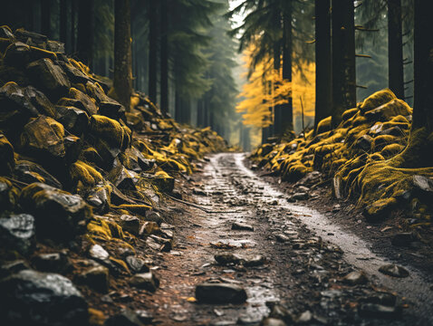 Forest road with yellow moss and grass in the mountains.