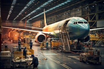 Passenger airplane on maintenance of engine and fuselage check repair in airport hangar. Inside...