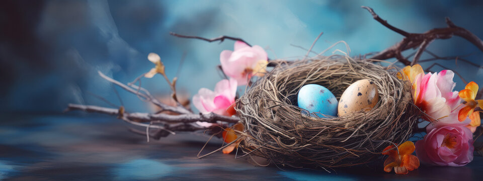 Easter eggs in a bird's nest with space for text on a blue color background. Easter concept, holidays, food, creative, egg, nature