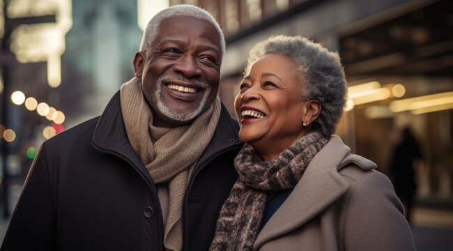afrcan american senior couple joyful at street urban city.