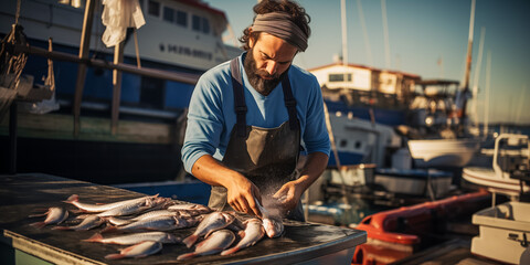 Artisanal fisherman cleaning fish by the marina at dawn - obrazy, fototapety, plakaty