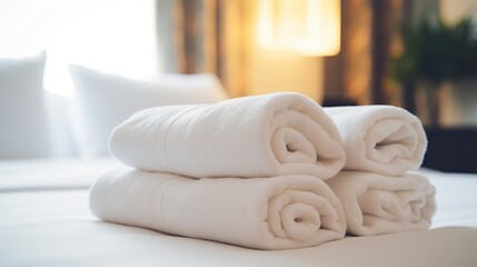 Obraz na płótnie Canvas Elegantly Rolled Towels on a Luxurious Hotel Bed