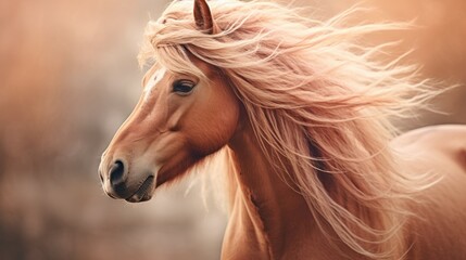 beautiful horse portrait on a peach fuzz color background. with empty space for text. concept animals, horses, paintings