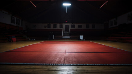 full shot on a photo of a wrestling mat in an empty gym in low light with space for text. concept sport, wrestling, gym, competition, - obrazy, fototapety, plakaty