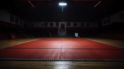 Foto op Plexiglas full shot on a photo of a wrestling mat in an empty gym in low light with space for text. concept sport, wrestling, gym, competition, © Aksana