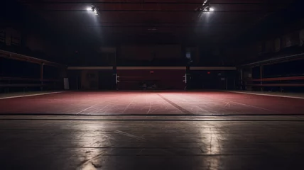 Fotobehang full shot on a photo of a wrestling mat in an empty gym in low light with space for text. concept sport, wrestling, gym, competition, © Aksana