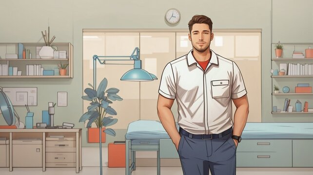 doctor standing in hospital. physical therapist man hand in pockets illustration design styles. marketing and branding concept.