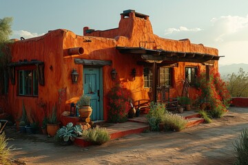 Southwestern adobe house with a courtyard and vibrant colored accents - obrazy, fototapety, plakaty