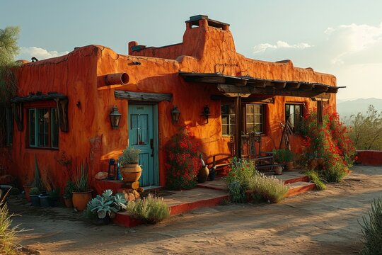 Southwestern adobe house with a courtyard and vibrant colored accents