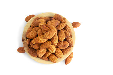 organic whole almond dry fruit nut in bowl top view isolated cutout in transparent background,png format,copy space