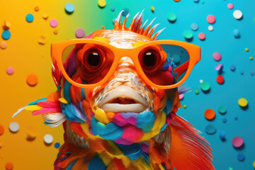 Funny fish wearing sunglasses with a colorful and bright background