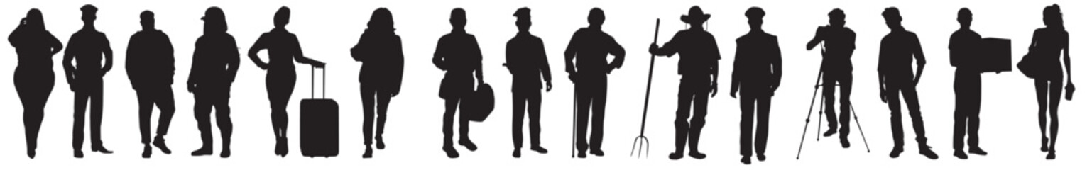 silhouette of various professional. Collection of different occupation people group of diverse workers of various professions and specialists standing together . 