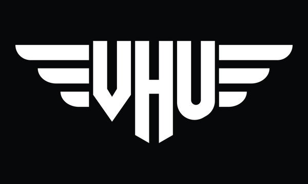 VHU three letter logo, creative wings shape logo design vector template. letter mark, word mark, monogram symbol on black & white.