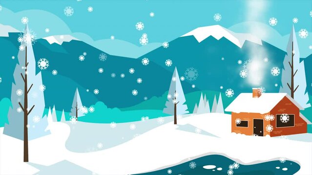 Snow falling on cute village in forest. Winter Snow covered animated