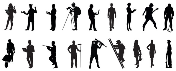 Fototapeta na wymiar People with various occupations professions standing together in row vector flat black silhouettes set collection.