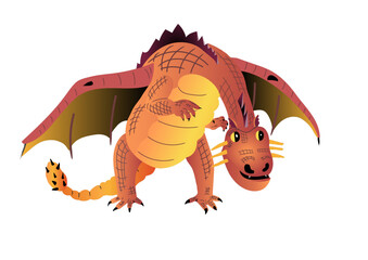Fantasy red dragon that looks curiously. Vector character isolated on white background.