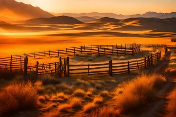 sunset in fields in summer near mountains
