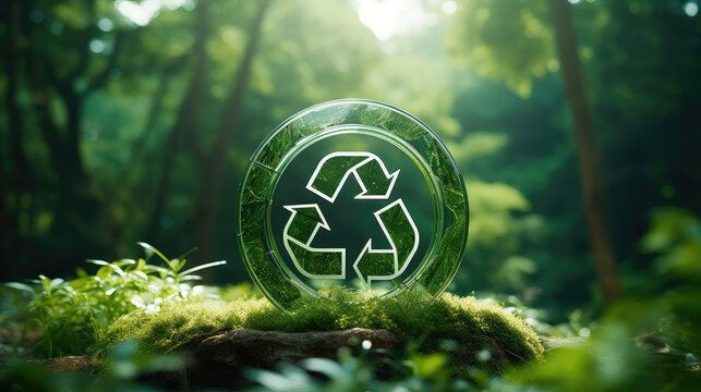 Showcasing a circular economy icon against a nature background, this image embodies sustainable design, focusing on reuse and renewable resources for business and environmental sustainability.