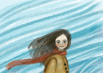 Dziewczynka w warkoczu i rozwianymi włosami, ilustracja dziecka © Anna