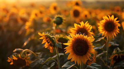 photograph of a field of sunflowers bathed in the golden light of a summer afternoon